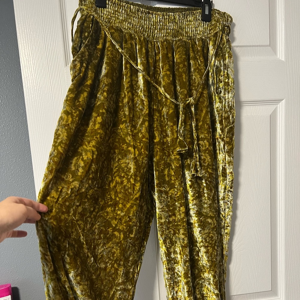 Anthropologie velvet chartreuse patterned pants